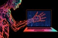 Cartoon depicts a hand extending to a laptop computer screen, symbolizing virtual interaction Royalty Free Stock Photo