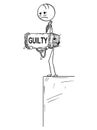 Cartoon of Depressed Man Standing on Edge Holding Stone With Guilty Text Tied to His Neck