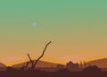 Cartoon western desert afternoon or sunset. Moon in the sky, cactus, hut, car, dry branch