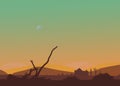 Cartoon western desert afternoon or sunset. Moon in the sky, cactus, hut, dry branch