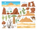 Cartoon desert dunes, tumbleweed, sand stones, cactus plants. Cartoon sand landscape elements, western desert view flat vector Royalty Free Stock Photo