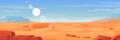 Cartoon desert land. Panorama landscape of mexico yellow sand with dry stones and sandy dune, dry hot ground environment Royalty Free Stock Photo