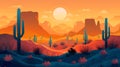 Cartoon desert landscape with cactus, hills, sun and mountains silhouettes background AI generated Royalty Free Stock Photo