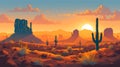 Cartoon desert landscape with cactus, hills, sun and mountains silhouettes background AI generated Royalty Free Stock Photo