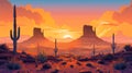 Cartoon desert landscape with cactus, hills, sun and mountains silhouettes background AI generated Royalty Free Stock Photo