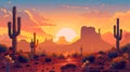 Cartoon desert landscape with cactus, hills, sun and mountains silhouettes background AI generated Royalty Free Stock Photo