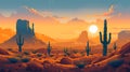 Cartoon desert landscape with cactus, hills, sun and mountains silhouettes background AI generated Royalty Free Stock Photo
