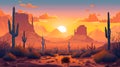 Cartoon desert landscape with cactus, hills, sun and mountains silhouettes background AI generated Royalty Free Stock Photo