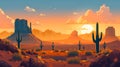 Cartoon desert landscape with cactus, hills, sun and mountains silhouettes background AI generated Royalty Free Stock Photo