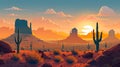 Cartoon desert landscape with cactus, hills, sun and mountains silhouettes background AI generated Royalty Free Stock Photo