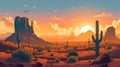 Cartoon desert landscape with cactus, hills, sun and mountains silhouettes background AI generated Royalty Free Stock Photo