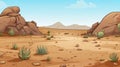 Cartoon desert landscape with rocks. Sand, mountains and hot summer scene with copy space. AI Generated