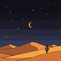 Cartoon Desert Night Landscape with Crescent Moon and Cactus Royalty Free Stock Photo