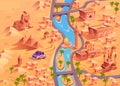 Cartoon desert town with river and pyramids