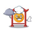 Cartoon design chinese gong Scroll as a Chef with food on tray