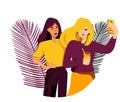 Cartoon design with girls taking a selfie, friends. Character design vector illustration. With plants on the background.
