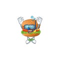 A cartoon design of hamburger trying Diving glasses