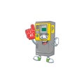 A cartoon design of parking ticket machine holding a Foam finger