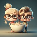 Cartoon detailed realistic character of a cute blonde girl and boy sharing a bowl of breakfast cereals Royalty Free Stock Photo