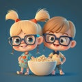 Cartoon detailed realistic character of a cute blonde girl and boy standing next to a bowl of popcorn on a blue Royalty Free Stock Photo