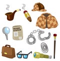 Cartoon detective equipment icon set Royalty Free Stock Photo