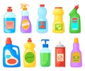 Cartoon detergent bottles. Cleaner product chemical cleanup bathroom toilet, home clean tool household soap bleach