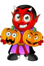 Cartoon Devil - Holding Two Pumpkins