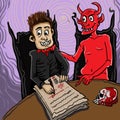 Cartoon Devil and a man sign agreement