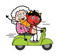 Cartoon Devil Riding Scooter with an old lady