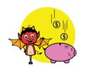 Cartoon Devil saving money in piggy bank