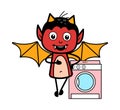 Cartoon Devil standing with washing machine