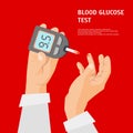 Cartoon Diabetes Concept Hands Holding Glucometer Card Poster. Vector