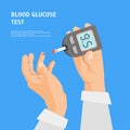 Cartoon Diabetes Concept Human Hands Holding Glucometer Card Poster. Vector