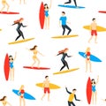 Cartoon Different Characters People Surfers Seamless Pattern Background. Vector