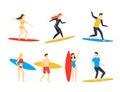 Cartoon Different Characters People Surfers Set. Vector