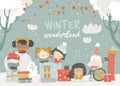 Cartoon different children enjoying winter. Hello snow