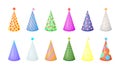 Cartoon Different Color Birthday Party Hats Icon Set. Vector