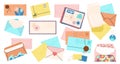 Cartoon different envelopes, flat envelope with letter and stamps. Postcrossing hobby, handmade mail vintage elements Royalty Free Stock Photo