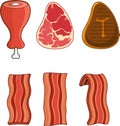 Cartoon Different Meats. Vector Hand Drawn Collection Set