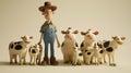Cartoon digital avatar of a happy dairy farmer surrounded by a group of smiling cows, representing the farms happy and