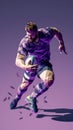 Cartoon digital avatar of a versatile and dynamic rugby player in a purple and gray camo rugby jersey, evading tackles Royalty Free Stock Photo