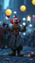 Cartoon digital avatars of a clown with a big red nose and oversized shoes, expertly juggling fire torches on a crowded