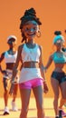 Cartoon digital avatars of GymHero Ready to guide a group of gymgoers through a challenging aerobic workout, with a