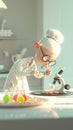 Cartoon digital avatars of Molecular Gastronomist wearing a lab coat and using a microscope to examine a tiny edible Royalty Free Stock Photo