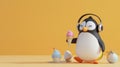 Cartoon digital avatars of a techsavvy penguin wearing a headset and carrying a tablet, taking online orders for ice Royalty Free Stock Photo