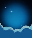 Cartoon, digital illustration and clouds in sky for nature, fantasy and peace with stars on dark night or galaxy. Light