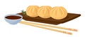 Cartoon dim sum. Chinese dumplings, asian dish with soy sauce and chopsticks, xiao long bao traditional food flat vector