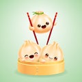 Cartoon dim sum in wooden box with chopstick