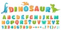 Cartoon dino font. Dinosaur alphabet letters and numbers, funny dinos letter signs for nursery or kindergarten kids