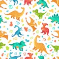 Cartoon dino seamless pattern. Cute triceratops, brontosaurus and tirex. Color dinosaurs vector illustration set Royalty Free Stock Photo